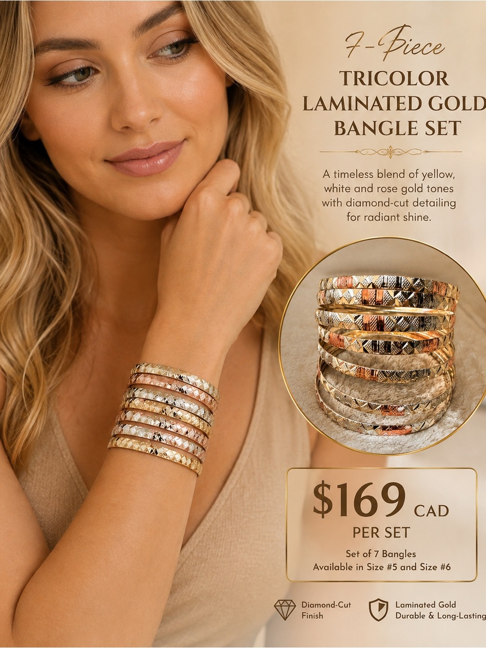 Beautiful 7 Tricolor Bangles Laminated Gold size #5.